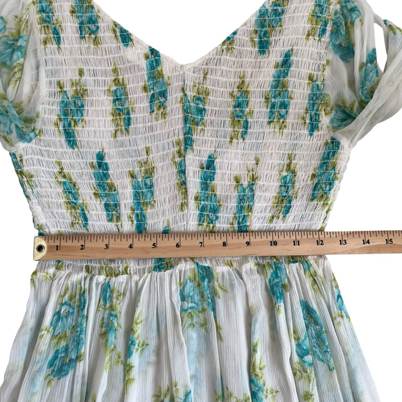 Zimmermann Silk Green White Floral Smocked Babydoll Mini Dress Size 1 M No Liner - Picture 10 of 16